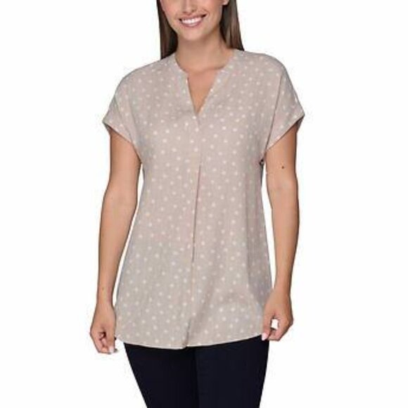 NWOT Rachel Roy Short Sleeve V-Neck Tunic Top | Tan with Dots - Picture 1 of 5